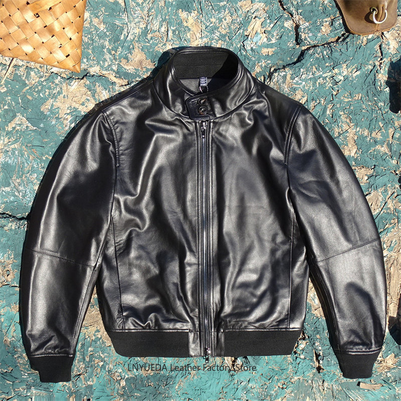 Harrington Jacket - เสื้อแจ็คเก็ตหนังแกะแท้นำเข้าจากอิตาลีสำหรับผู้ชาย แบบสั้นทรง Harrington สไตล์ Biker ไม่มีกระเป๋าแบบมีฝาปิด