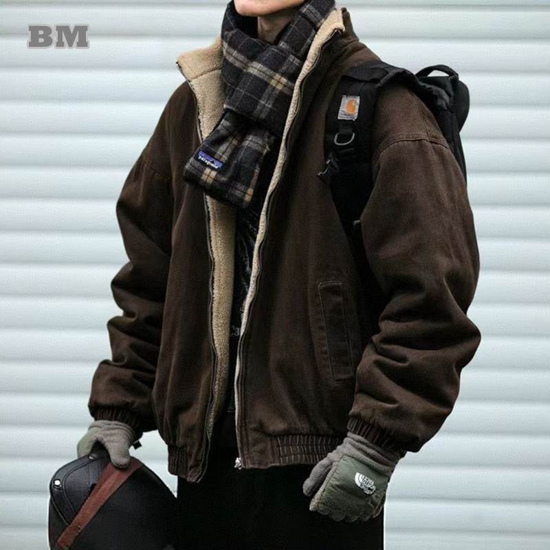 Harrington Jacket - ญี่ปุ่นVINTAGE Polarขนแกะเสื้อแจ็คเก็ตผู้ชายฤดูหนาวคุณภาพสูงหนาเสื้อเกาหลีStreetwearหลวมคู่อินเทรนด์WARM Coatชาย
