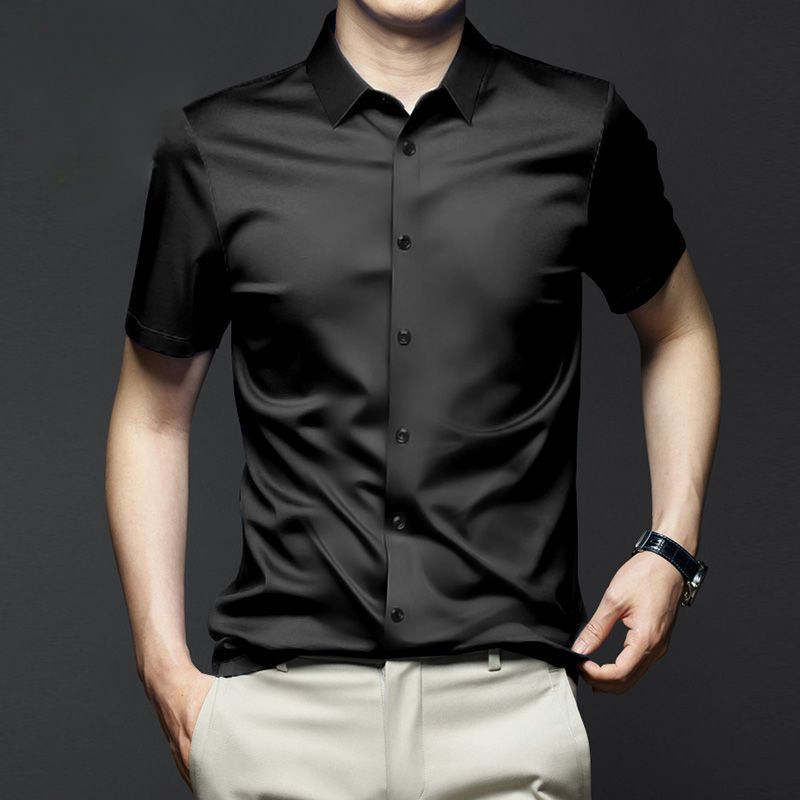 Dress Shirt Non-Iron - 5XL ชุดเดรสผู้ชายแขนสั้นพื้นฐานแฟชั่นผ้าไอซ์ซิลค์ฉนวนย่นเป็นทางการสุดหรูฤดูร้อนเสื้อสีดำลำลองเนื้อนุ่มใส่สบาย