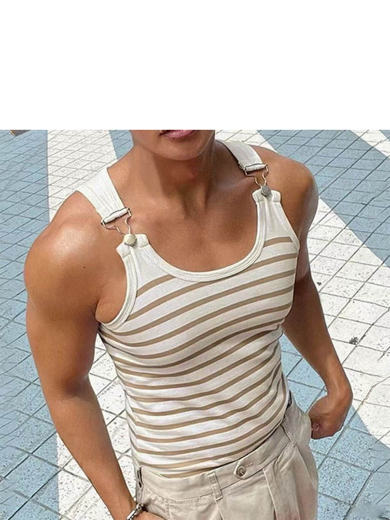 Men'S Fashion Online - เสื้อกล้ามทรงเข้ารูปติดกระดุมโลหะสำหรับผู้ชาย เสื้อกั๊กโพลีเอสเตอร์ลำลอง ดีไซน์ลายทางทันสมัย สไตล์รัดรูปยืดหยุ่น จำหน่ายเฉพาะทางออนไลน์