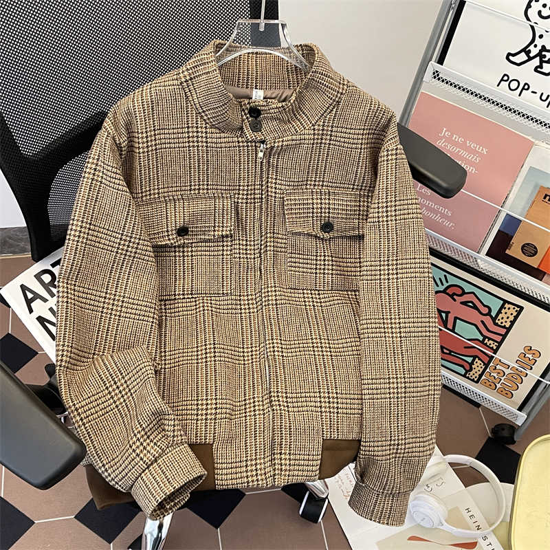 Harrington Jacket - เสื้อแจ็คเก็ตผู้หญิงลายสก็อตสีน้ำตาลสไตล์วินเทจฮาราจูกุ แขนยาวทรง Harrington เสื้อคลุมแฟชั่นสไตล์ยุค 2000