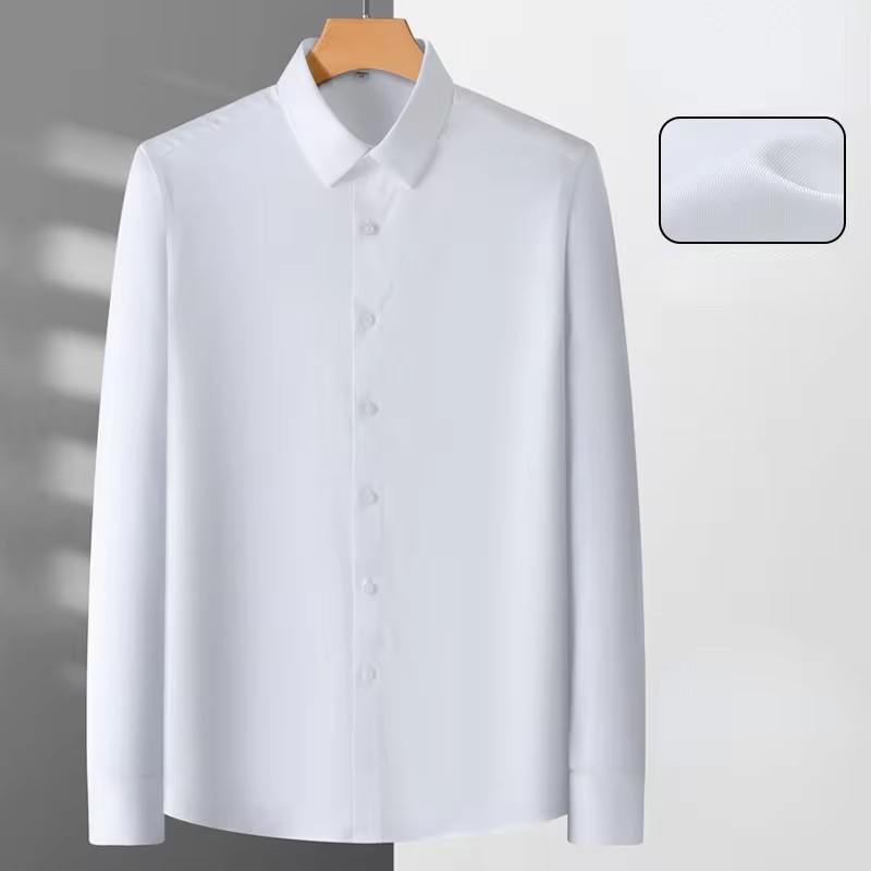 Dress Shirt Non-Iron - เสื้อเชิ้ตทำงานผู้ชายไม่ต้องรีด ผ้าไมโครอีลาสติก แขนยาว ทรงเข้ารูป สีขาว สำหรับใส่ทำงานในออฟฟิศ