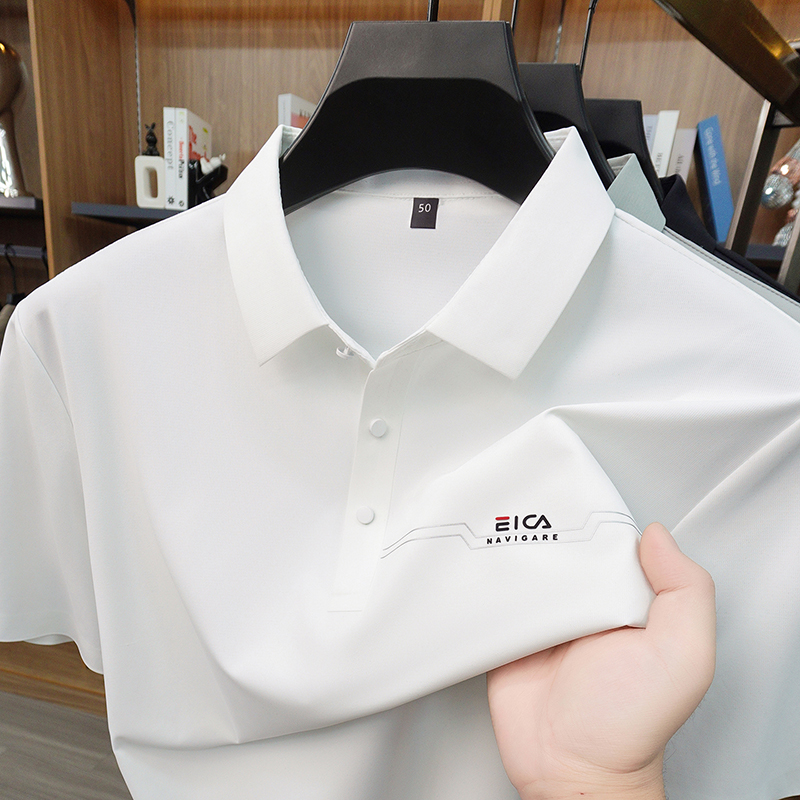 Men'S Fashion Polo - เสื้อโปโลแขนสั้นผ้าไอซ์ซิลค์แบรนด์หรูสำหรับผู้ชาย แฟชั่นใหม่ฤดูร้อน ลายตัวอักษรนูน สไตล์ลำลองสำหรับธุรกิจ ระดับไฮเอนด์ ระบายอากาศได้ดี