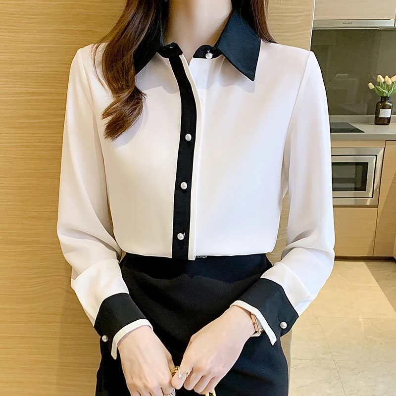 Men Fashion Korean Style - เสื้อชีฟองสีขาวสำหรับผู้หญิง สไตล์เกาหลี ชิค กระดุมแถวเดียว ปกตัดสี เสื้อทำงานสำหรับสุภาพสตรี