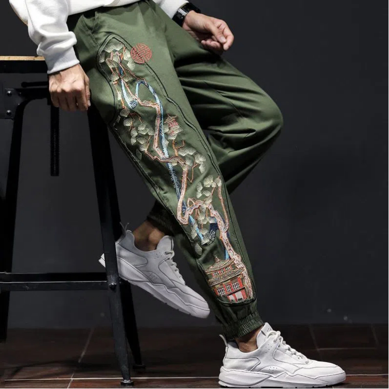 Mens Fashion Young - กางเกงลำลองวัยรุ่นผู้ชายเอวยางยืดมีกระเป๋าปักลายแฟชั่นแบบใหม่ในฤดูใบไม้ร่วงฤดูใบไม้ผลิ
