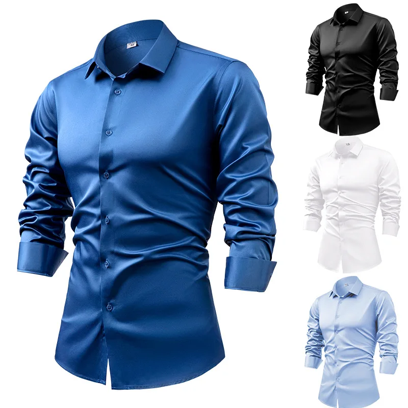 Dress Shirt Non-Iron - 2025 ฤดูใบไม้ผลิฤดูใบไม้ร่วง ROYAL BLUE ผ้าไหมซาตินเสื้อแขนยาวสําหรับชาย,น้ําเงินธุรกิจ Casual