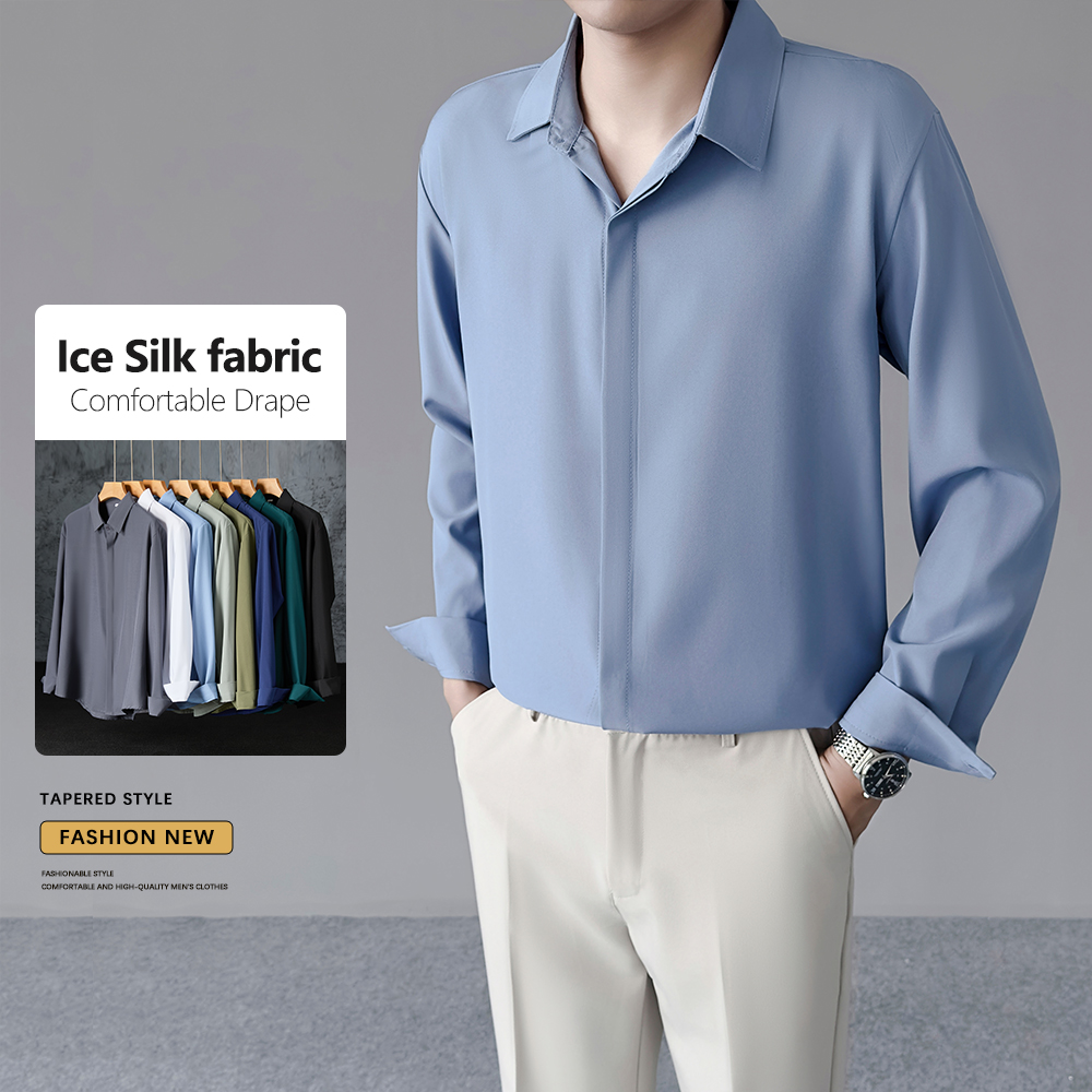 Dress Shirt Non-Iron - เสื้อเชิ้ตผ้าไหมน้ำแข็งบางเบาสำหรับผู้ชาย ฤดูใบไม้ผลิ ฤดูร้อน เหมาะสำหรับงานทางการ ธุรกิจ ลำลอง
