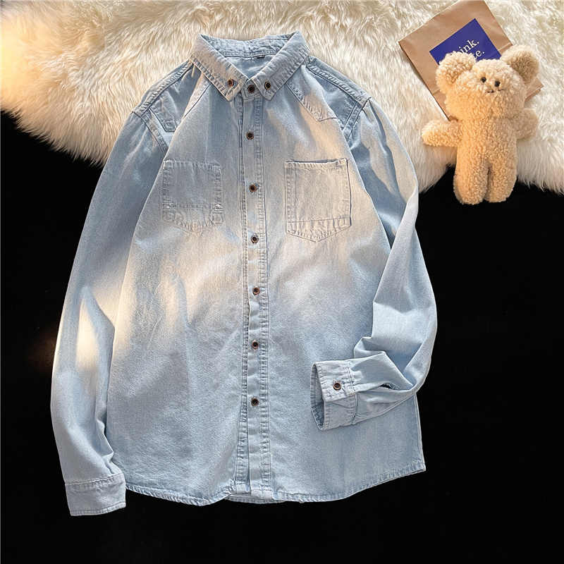 Men Fashion Korean Style - เกาหลีสไตล์ DENIM เสื้อผู้หญิง/ชายฤดูใบไม้ผลิใหม่เดี่ยวแขนยาวหลวมเสื้อลําลองแฟชั่นทั้งหมด Cowgirl เสื้อ