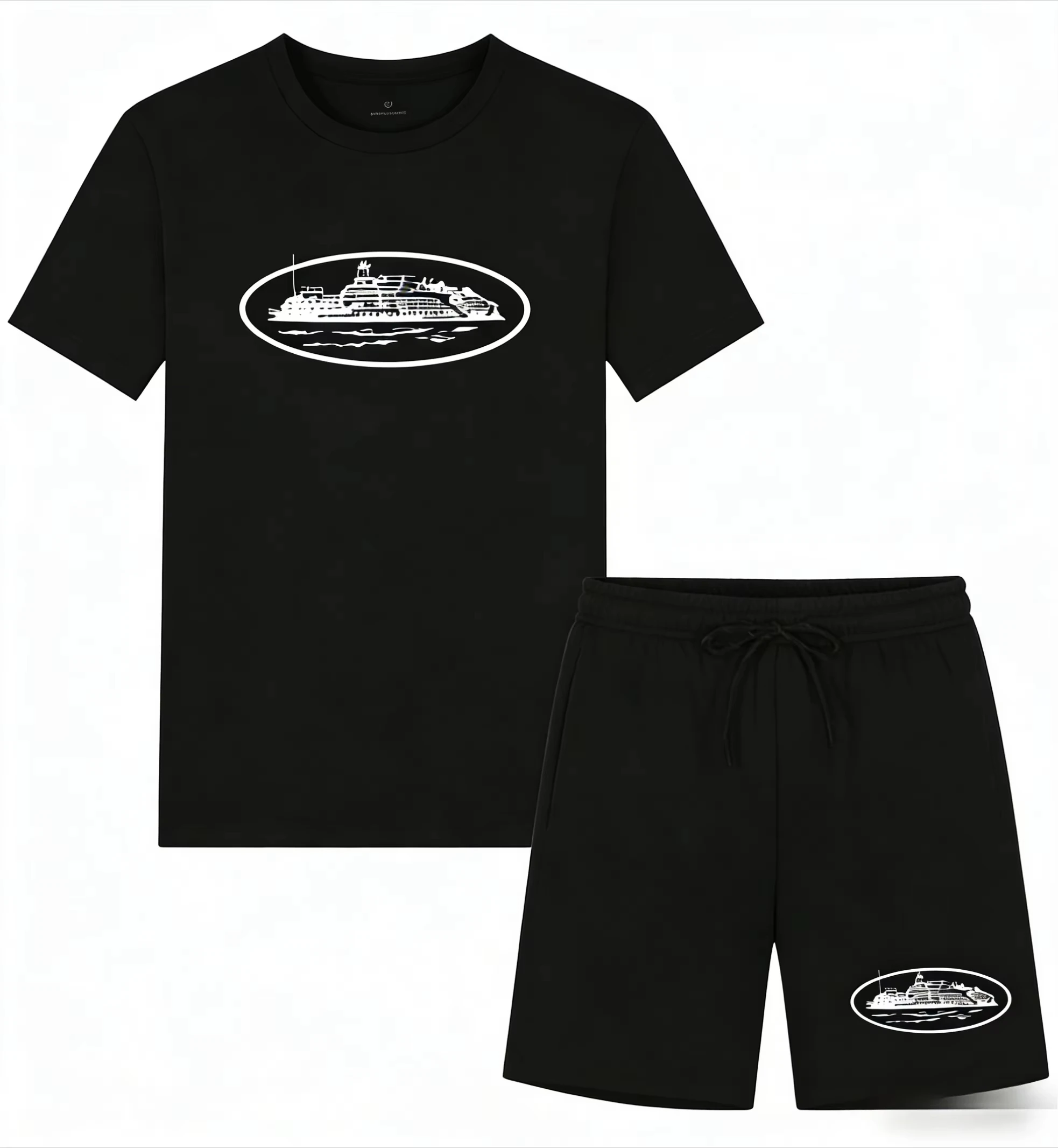 Men'S Fashion Brands - เสื้อยืดและกางเกงขาสั้นพิมพ์ลายเรือเล็กๆ รุ่นใหม่ประจำฤดูร้อนปี 2026 ทรงหลวม คอกลม ระบายอากาศได้ดี
