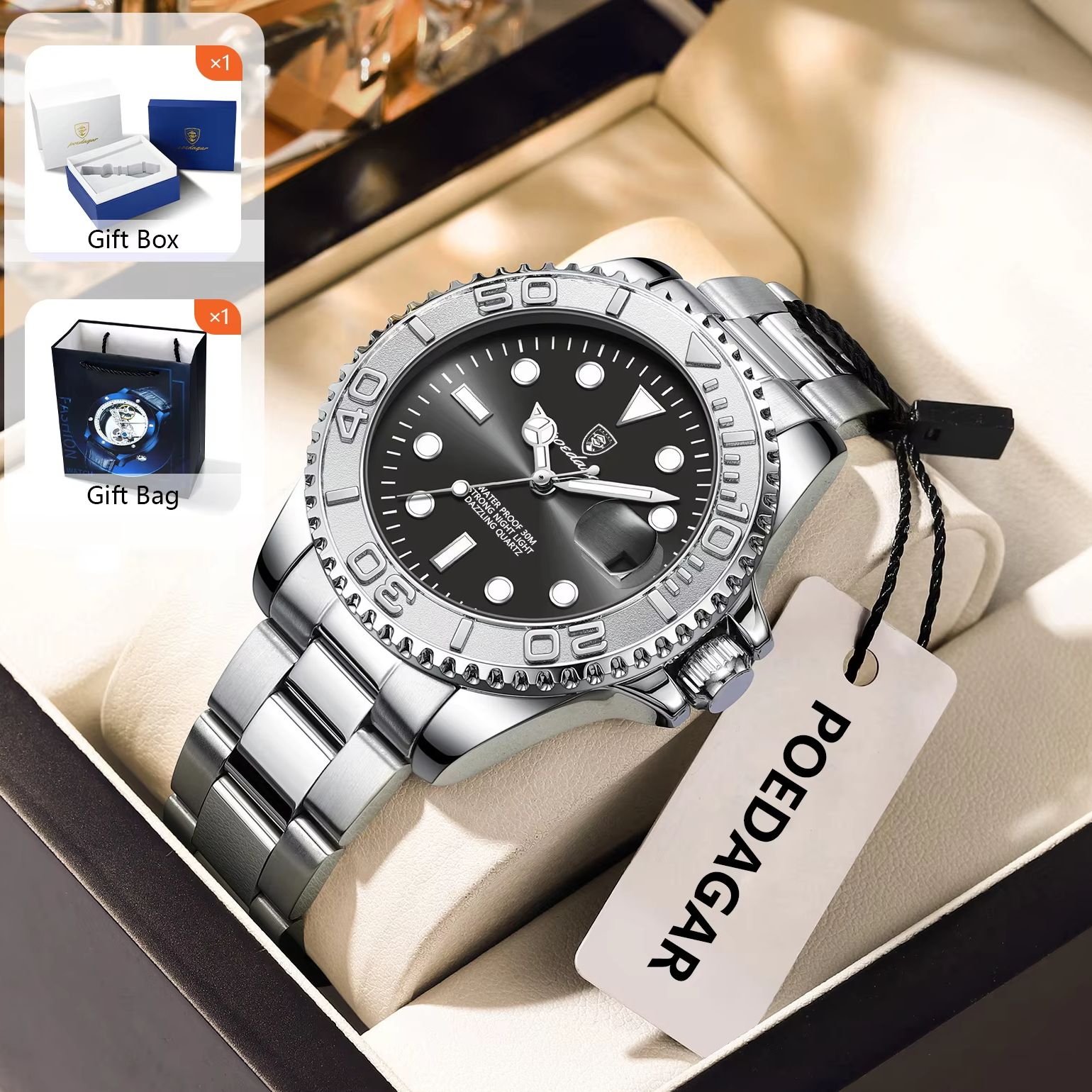 Men'S Fashion Box - POEDAGAR แฟชั่นชายนาฬิกาส่องสว่างกันน้ําสแตนเลสผู้ชายนาฬิกาข้อมือวันที่ธุรกิจควอตซ์นาฬิกาผู้ชายพร้อมกล่องของขวัญ