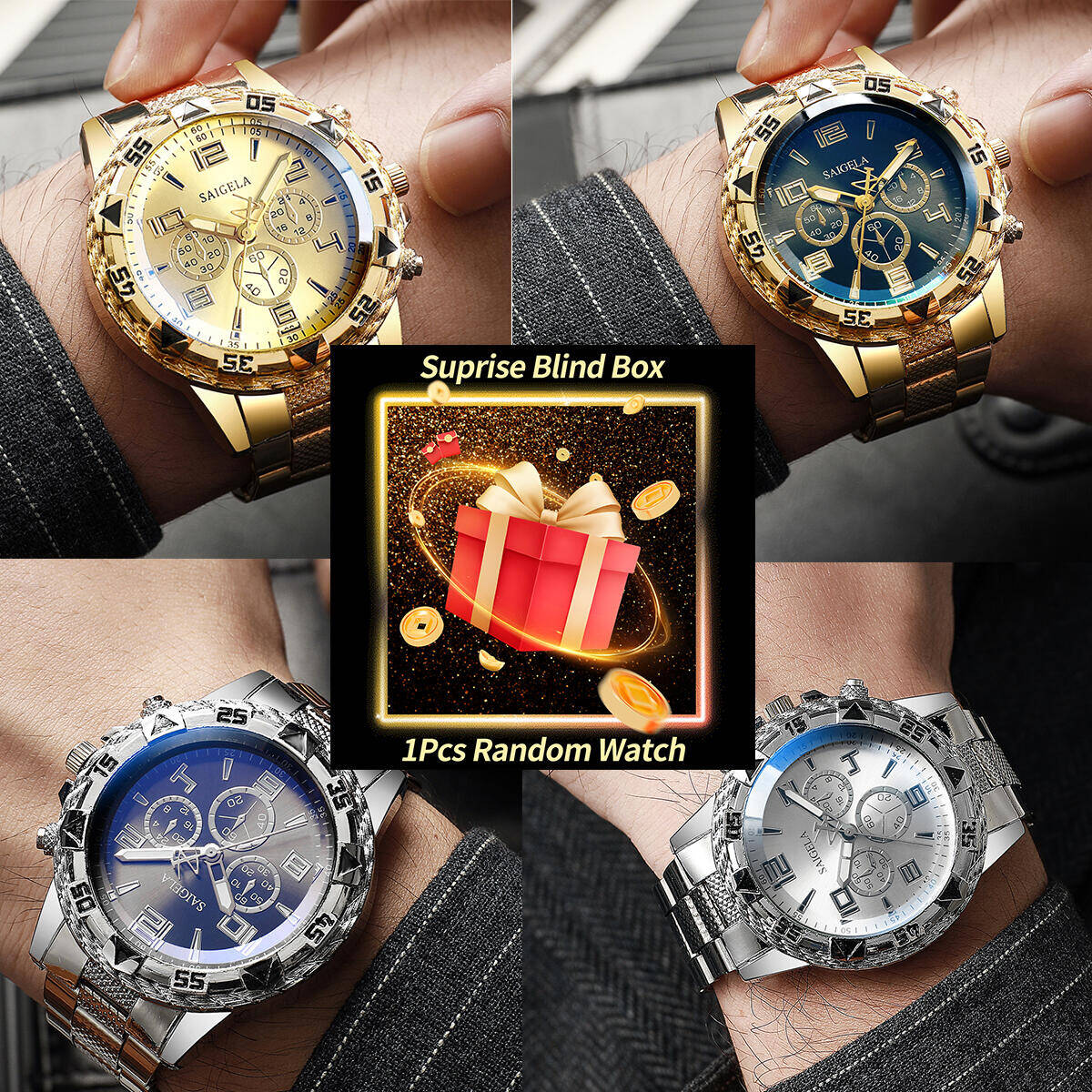Men'S Fashion Box - นาฬิกาข้อมือผู้ชายแบบกล่องสุ่ม 1 ชิ้น นาฬิกาธุรกิจแฟชั่น หน้าปัดแบบอารบิก สายเหล็ก
