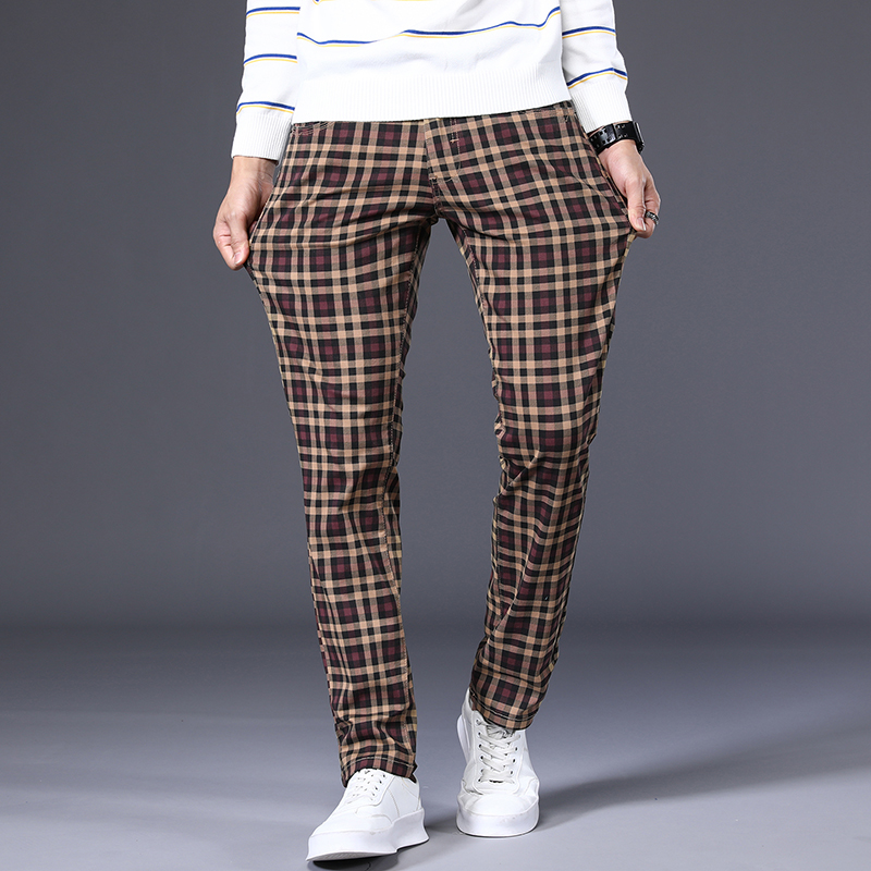 Mens Fashion Young - กางเกงลำลองลายสก็อตสุดคลาสสิก6สีสำหรับฤดูใบไม้ผลิแบรนด์เสื้อผ้าแฟชั่นยืดผ้าฝ้ายที่มีคุณภาพสูงกางเกงขายาวรัดรูปของชายหนุ่ม