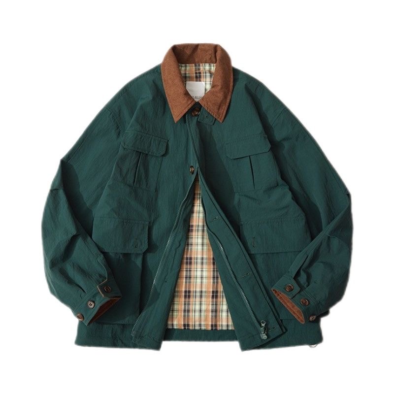 Harrington Jacket - เทรนด์แฟชั่นใหม่ฤดูใบไม้ร่วงและฤดูใบไม้ผลิ แจ็คเก็ตสไตล์วินเทจอเมริกันสีพื้น สำหรับผู้ชาย ลำลอง ทรงหลวม สปอร์ต
