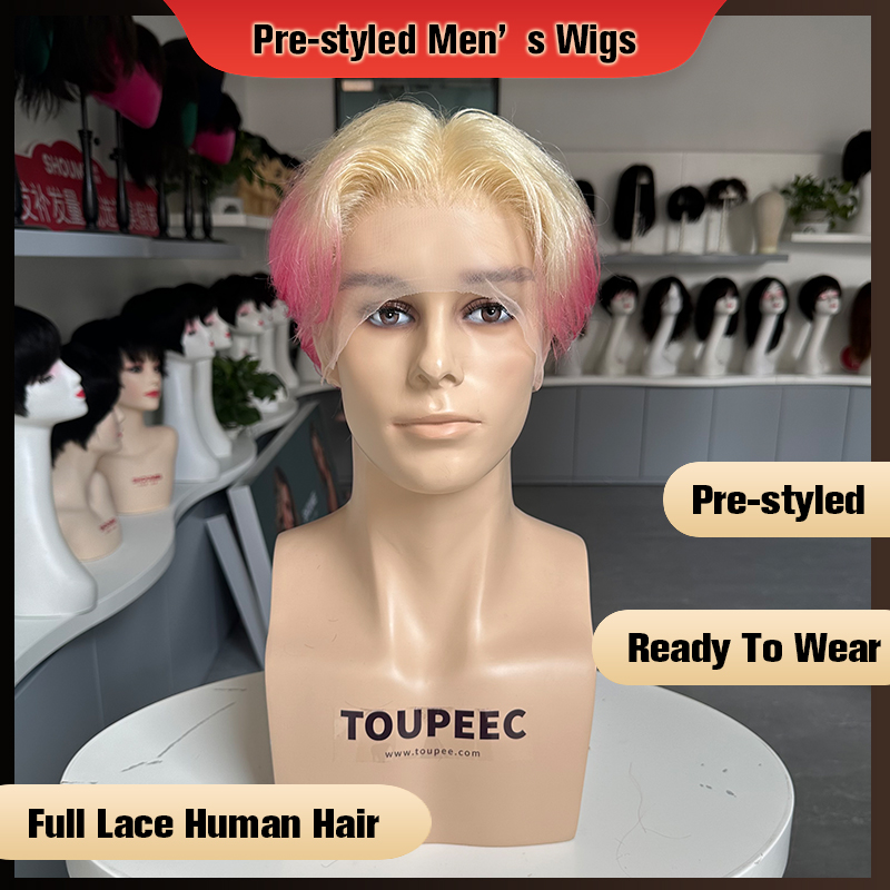 Men Fashion Hair Style - วิกผมผู้ชายแบบเต็มศีรษะที่จัดทรงไว้ล่วงหน้า สีออมเบรบลอนด์ 613 ชมพูสดใส ทรงผมสั้น สำหรับผมแท้เรมี่